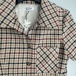 NEW Rumored Collared Houndstooth Dress Size M Beige Wool Blend Short Sleeve